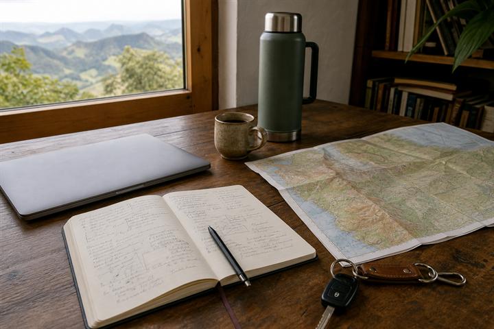 Vista de mesa editorial com laptop, caderno e mapa do Espírito Santo